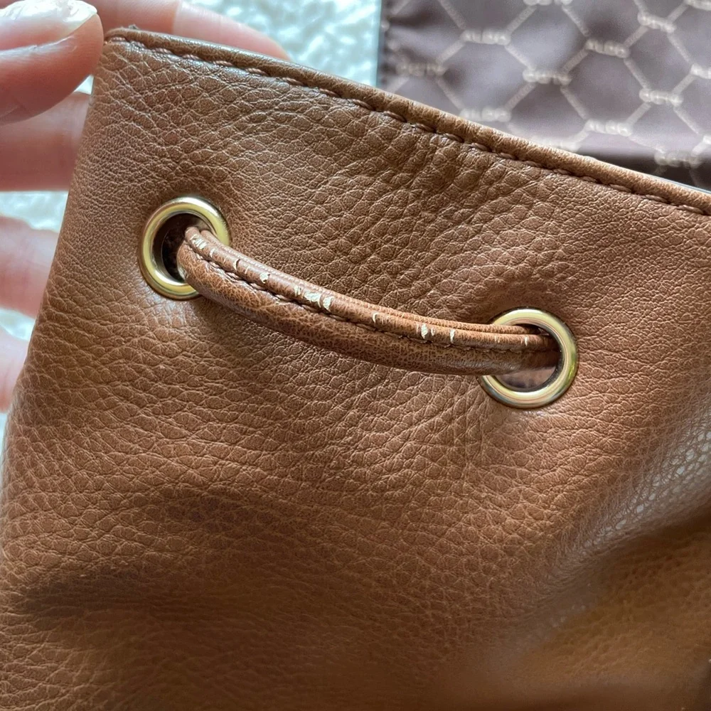 ALDO Drawstring Brown Backpack Adjustable Straps Snap Flap Closure - Picture 9 of 16